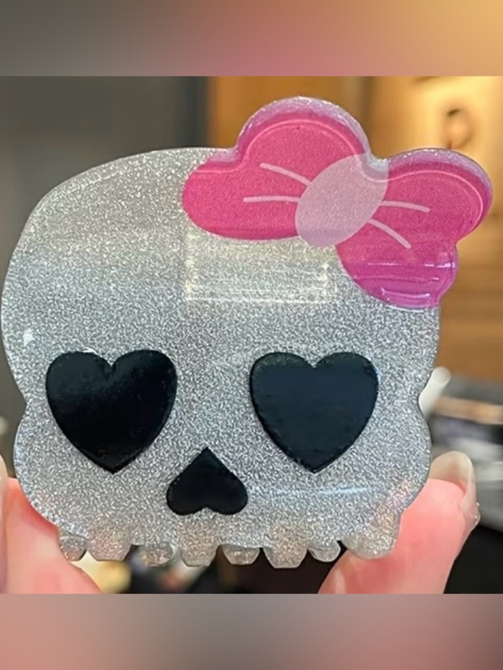 Glitter Skull Hair Clip with Pink Bow NWOT